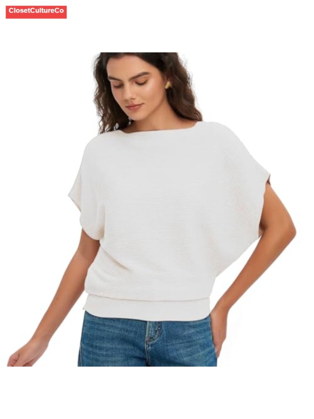 Women's Boat Neck Cap Sleeve Dolman Knit Sweater Pullover